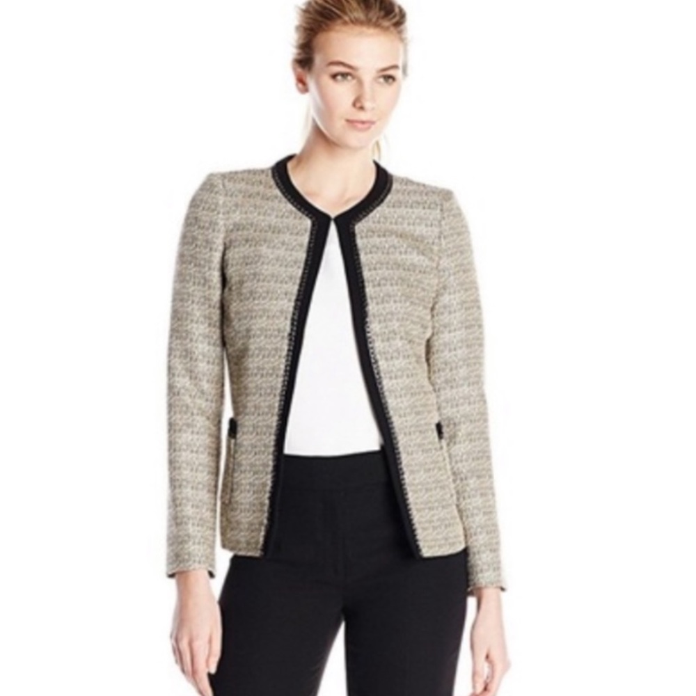 TAHARI ASL Open Front Tweed Chain Blazer Jacket